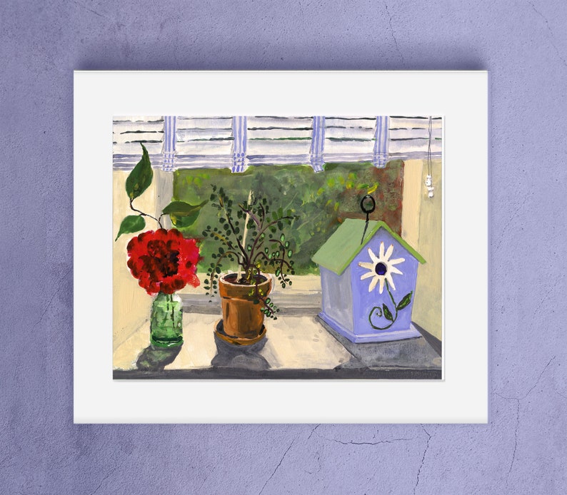 Bird House with Flowers Still Life, Abstract Art Print, Clem DaVinci Watercolors image 9