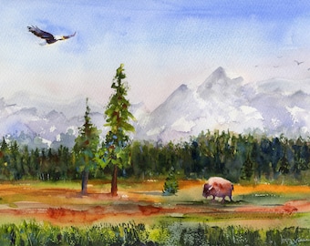 Grand Tetons Wyoming, Wyoming Wall Art - Hiking USA -  Clem DaVinci Watercolors - Grand Tetons Art - Jackson Hole