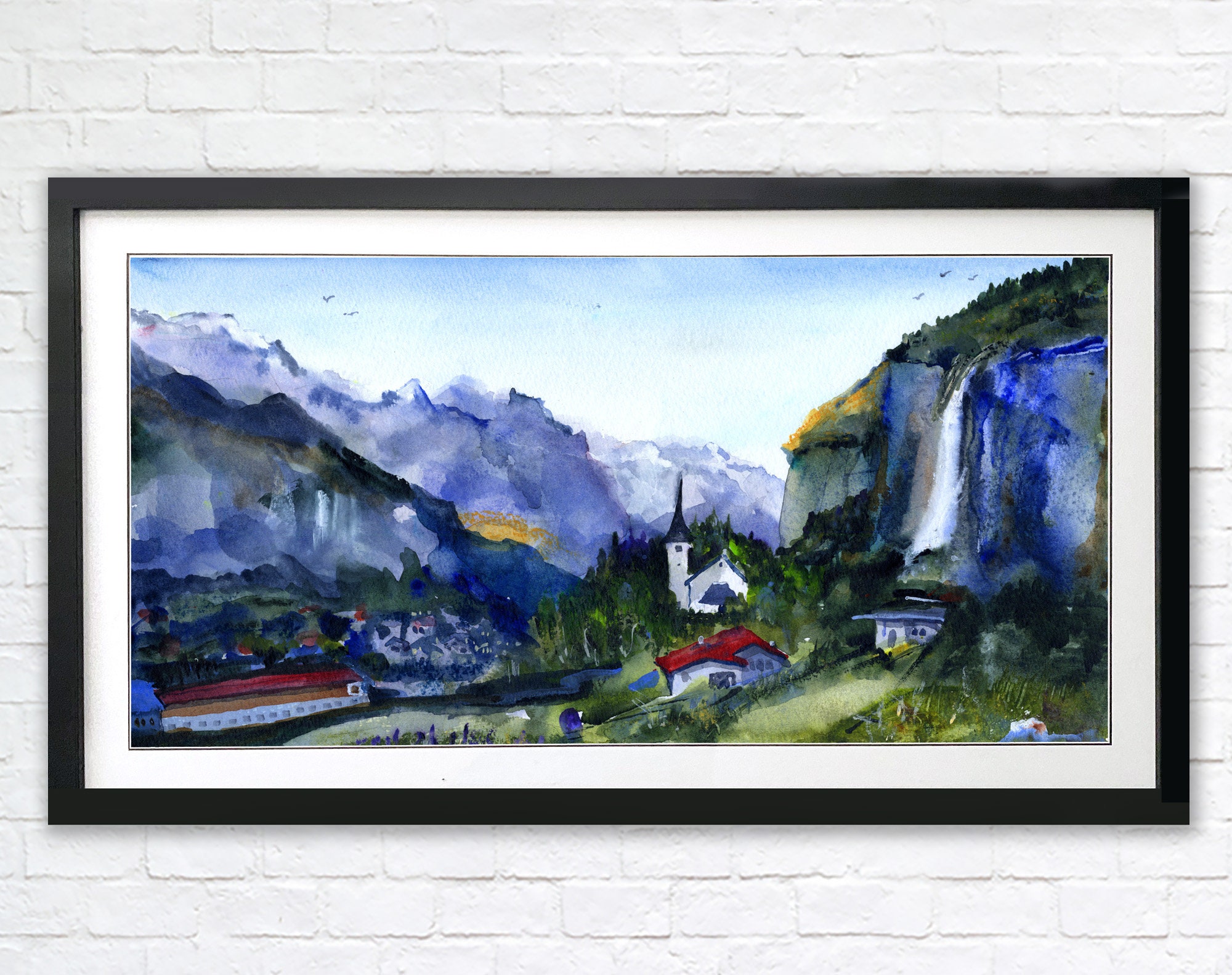 スイス、ラウターブルンネン - クレム・ダ・ヴィンチ、水彩風景画、滝