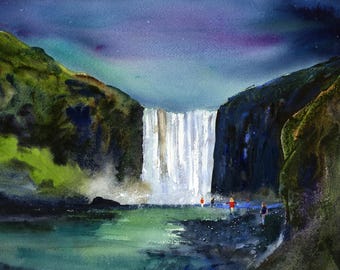 ICELAND Watercolor Landscape Painting, Icelandic Wall Art, Skógafoss Waterfalls, Northern Lights Travel Poster