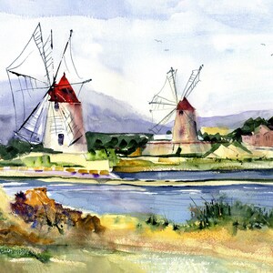 Windmills of Sicily  - Mediterranean Wall Art - Sicilian windmills at Salt Marsh Watercolor Print - Sicily  Watercolor print