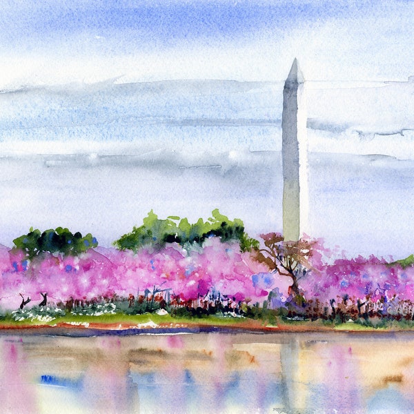 Cherry Trees - Washington, DC - Clem DaVinci Watercolors - Washington Monument