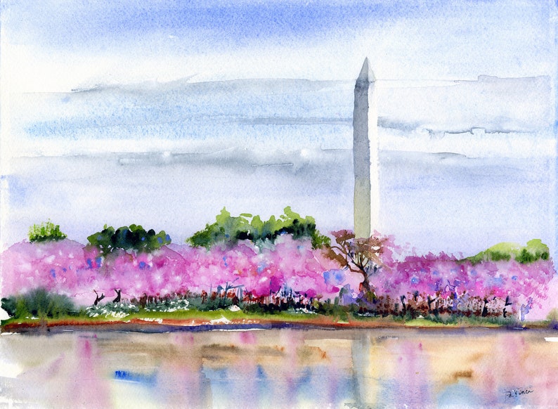 Cherry Trees Washington, DC Clem DaVinci Watercolors Washington Monument image 1