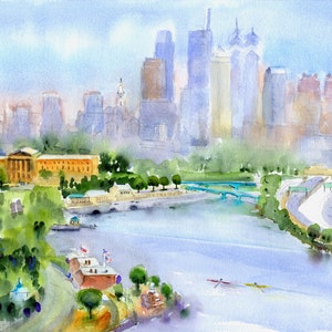 Philadelphia Skyline INSTANT DOWNLOAD Philadelphia With Waterworks Landscape Painting of Schuylkill River Philadelphia Art Museum Home Decor