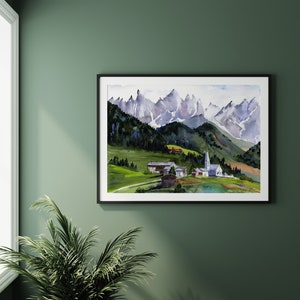 Italian Alps Watercolor Print, Santa Maddalena, St. Magdalena village and church, Italian Dolomites Wall Art, Italy Abstract Wall Decor, image 2