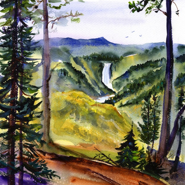 Yellowstone National Park Falls, Montana Watercolor Abstract, Wall Art Decor, Watercolors of Falls, Nature Travel Adventure, Clem DaVinci