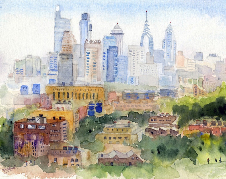 Philadelphia Skyline Wall Art, Philly Skyline Watercolor, Philadelphia Abstract Paintings, Franklin Field Clem DaVinci Watercolors image 5