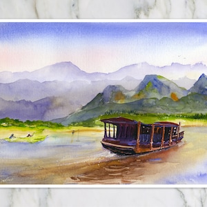 Mekong River Laos Watercolor Print, Southeast Asia Wall Art