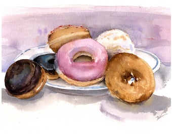 Donuts Watercolor Still Life Painting Decorative Kitchen Food Art Wall Decor Bakery Desert Abstract