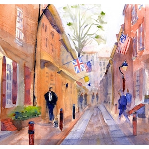 Elfreth's Alley Wall art, Historic Philadelphia Painting, Watercolor Cityscapes, Old City Wall Decor, Brownstones of Philly