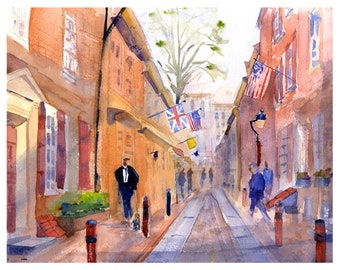 Elfreth's Alley Wall art, Historic Philadelphia Painting, Watercolor Cityscapes, Old City Wall Decor, Brownstones of Philly