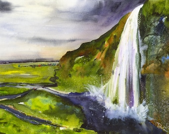 Iceland Waterfall Watercolor Art Print, Seljalandsfoss Landscape