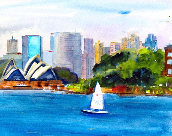 オーストラリア　シドニー風景　絵画　水彩画　原画 オーストラリアのシドニー - シドニー港の壁画 - シドニーの絵画