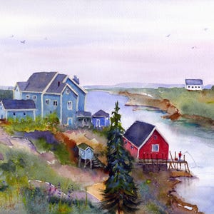 May include: Watercolor painting of a coastal scene with blue and red buildings. A large blue house with a dark roof sits on a grassy hill, next to a red building on a pier. A person is fishing off the pier.