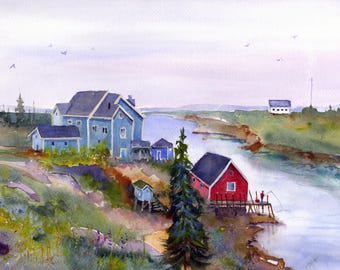 Peggy's Cove Watercolor Print, Nova Scotia Fishing Village Art