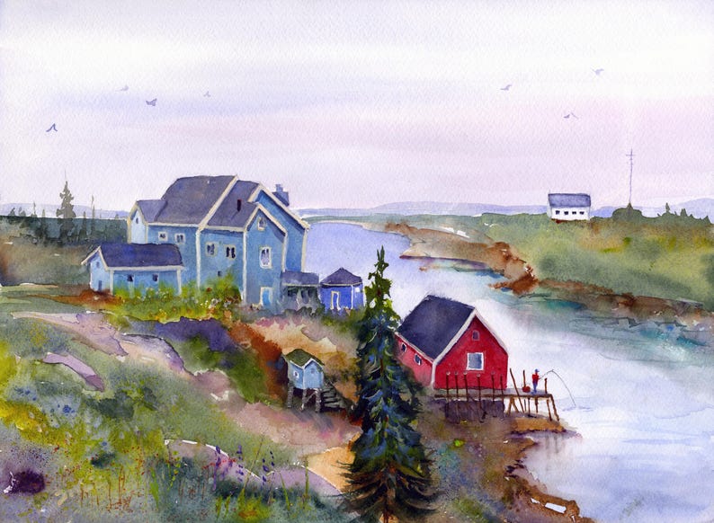 May include: Watercolor painting of a coastal scene with blue and red buildings. A large blue house with a dark roof sits on a grassy hill, next to a red building on a pier. A person is fishing off the pier.