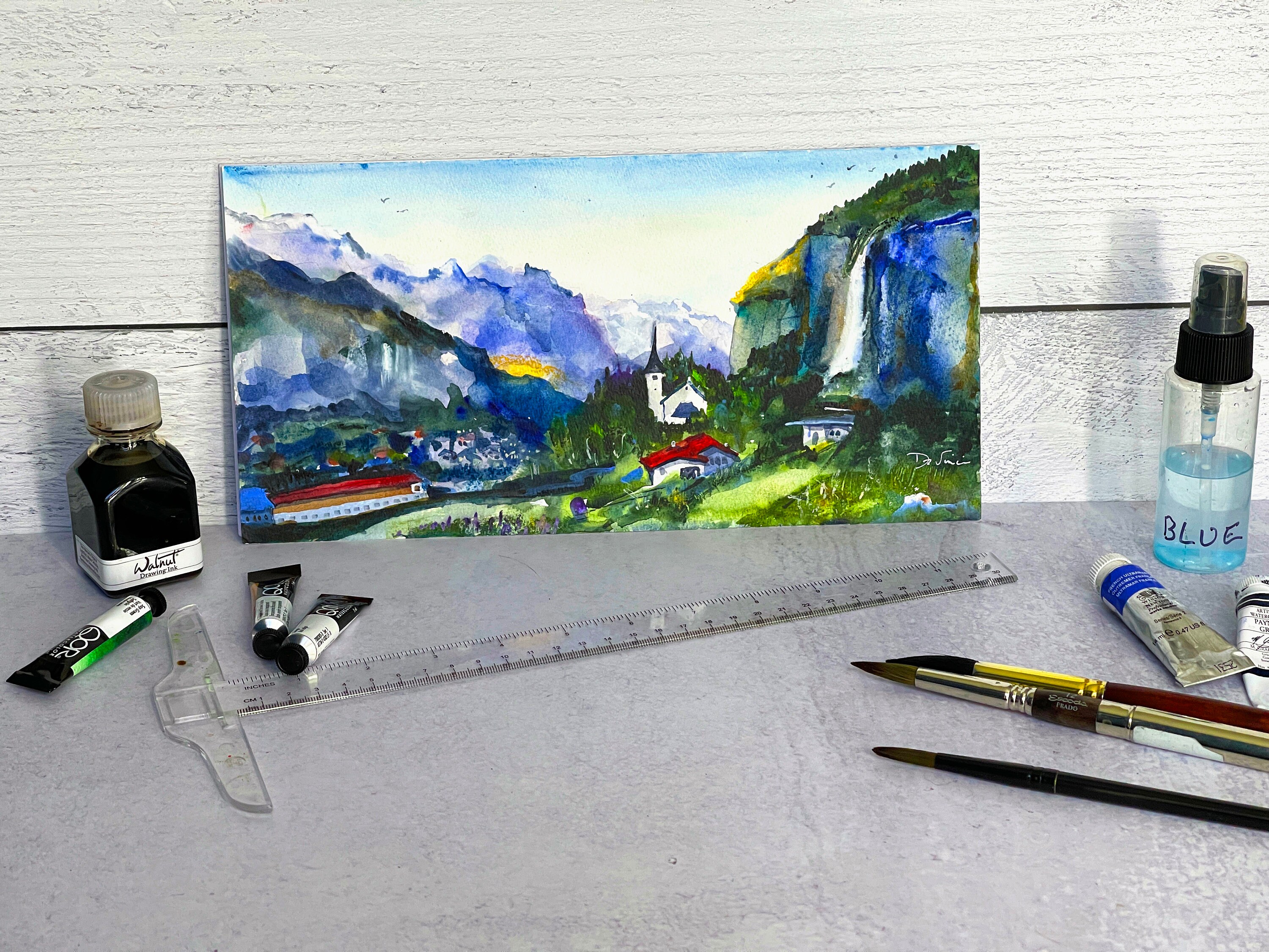 スイス、ラウターブルンネン - クレム・ダ・ヴィンチ、水彩風景画、滝