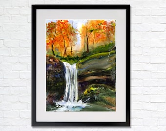 Waterfall, Fall Wall Art, Pennsylvania watercolor, Waterfall Painting, Ohiopyle PA, Clement DaVinci, Autumn