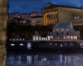 Philadelphia Art Museum & Waterworks, Philly Watercolor, Abstract Cityscapes, Schuylkill River, Philly Landscape Painting,