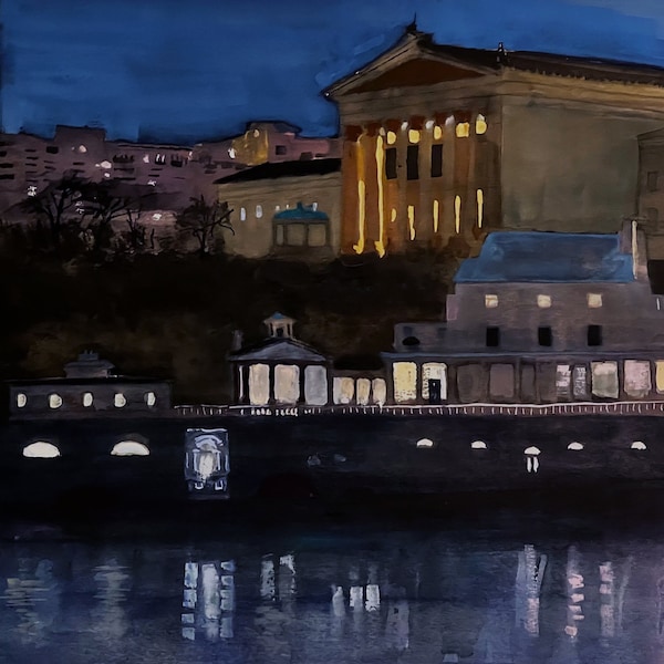 Philadelphia Art Museum & Waterworks, Philly Watercolor, Abstract Cityscapes, Schuylkill River, Philly Landscape Painting,