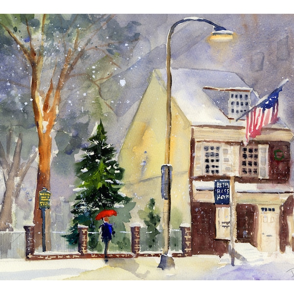 Betsy Ross House Philadelphia , Snow Scene, Philly Wall Art,  Philly  Cityscapes, Historic Philly Art, Clem DaVinci Watercolors