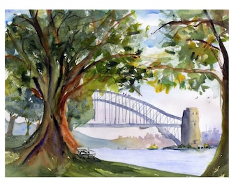Akvarelltryck av Sydney Harbour Bridge, Blues Point Lookout