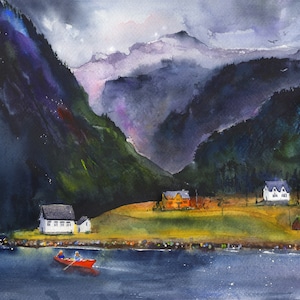 Norway, Mostraumen, Fjords of Norway, Watercolor Landscapes, Norwegian wall art, Norway Painting, Clem DaVinci