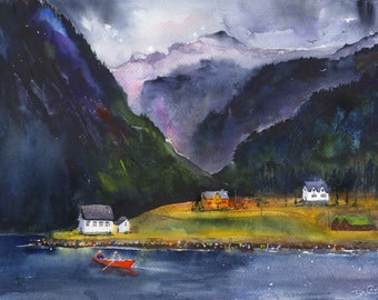 Norway, Mostraumen, Fjords of Norway, Watercolor Landscapes, Norwegian wall art, Norway Painting, Clem DaVinci