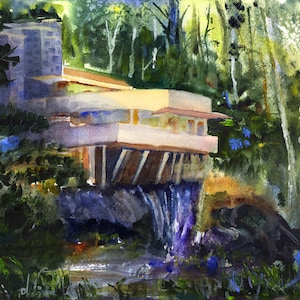 Falling Water, Frank Lloyd Wright House, Clem DaVinci Watercolors - FALLINGWATER, Laurel Highlands,  Pennsylvania