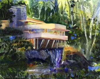 Falling Water, Frank Lloyd Wright House, Clem DaVinci Watercolors - FALLINGWATER, Laurel Highlands,  Pennsylvania