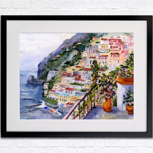 May include: Watercolor painting of a colorful Italian village built on a cliffside overlooking the sea. The painting features a balcony with potted plants and a view of the ocean and boats.