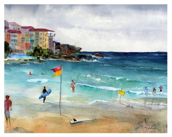 Bondi Beach Watercolor Art Print, Australia Seascape, Clem DaVinci