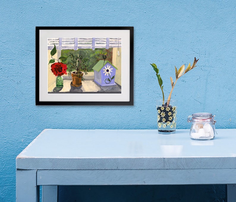 Bird House with Flowers Still Life, Abstract Art Print, Clem DaVinci Watercolors image 10