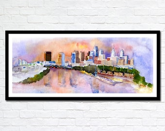 Philadelphia Skyline Watercolor, Philly Skyline Wall Art - House warming Gift, Philly Skyscrapers, Philadelphia Art Print, Philly Art
