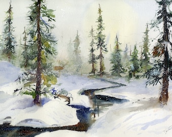 May include: A watercolor painting of a snowy forest scene with a winding stream in the foreground. The trees are tall and slender, with dark green needles. The snow is white and fluffy, and the stream is a deep blue. The painting is done in a realistic style, with a soft, dreamy feel.