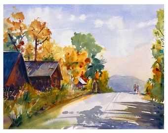 Fall Landscape Watercolor Print, Echo Basin, Autumn Wall Art