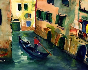 VENICE Watercolor, Italian Landscape Wall Art, Giclee Prints, Italian Scenery, North Italy Artwork, Gondolier Painting, Gondola Ride