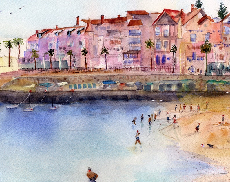 Portugal Wall Art Painting, Cascais Portugal Watercolor Landscape, Abstract Colorful Beach Watercolor, Gifts for mom image 7