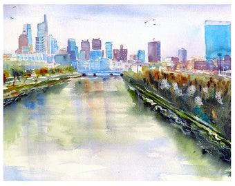 Philadelphia Skyline Wall Art, Philly Landscape Watercolor, Abstract City Paintings, Home Wall Hang Decor, Cityscape Views