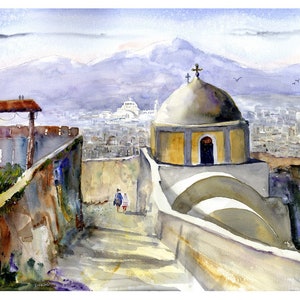 Aquarelles de SANTORIN, Impression d’art de Saint-Jean-Baptiste, Impressions d’art mural de l’île grecque, Art des collines de Santorin, Impressions giclées à l’aquarelle grecque