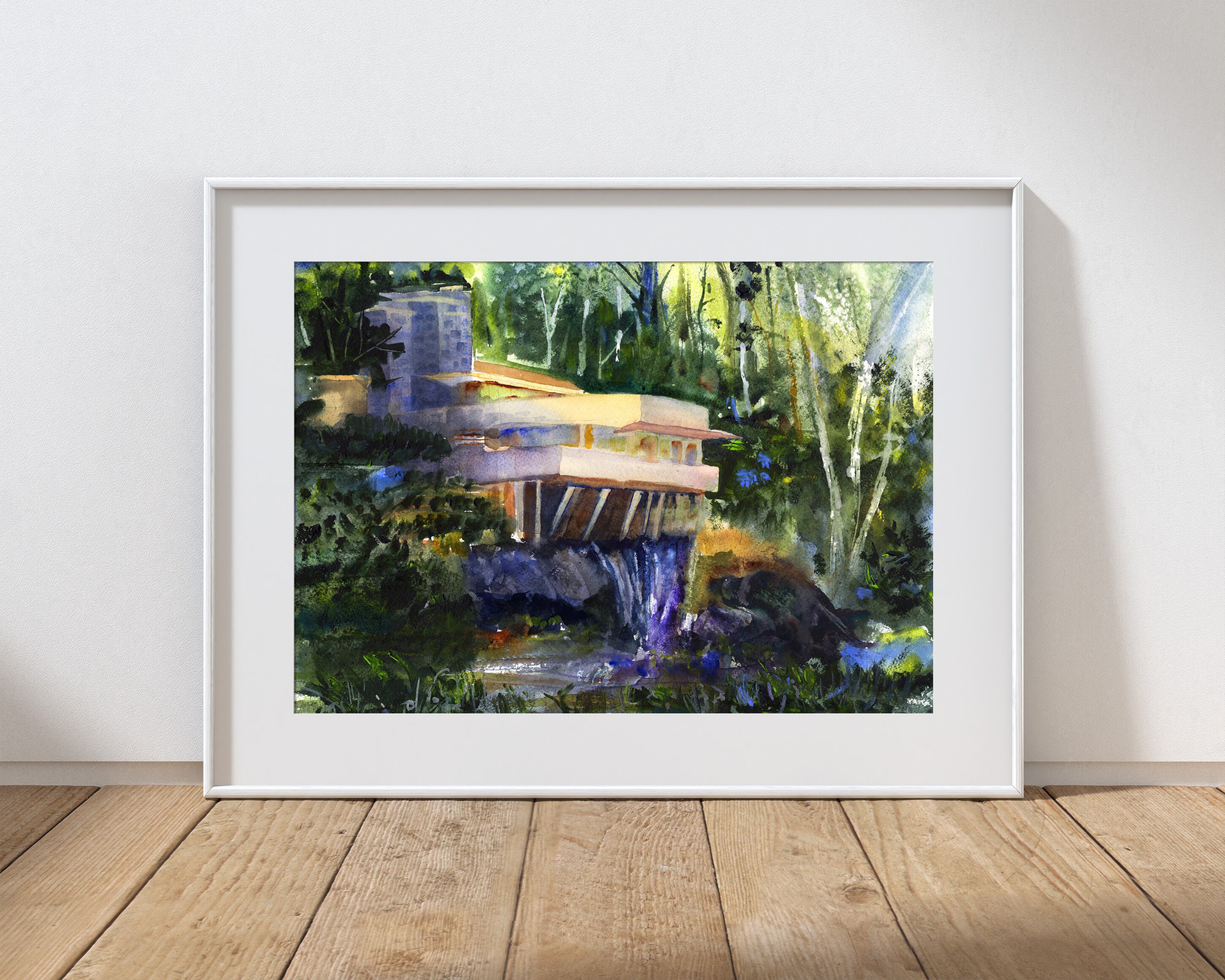 Frank Lloyd Wright 落水荘絵画 落水荘、フランク・ロイド・ライト邸、クレム・ダヴィンチ水彩画