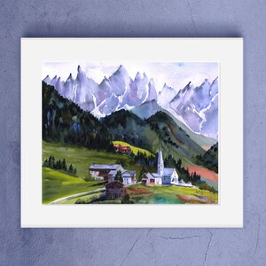 Italian Alps Watercolor Print, Santa Maddalena, St. Magdalena village and church, Italian Dolomites Wall Art, Italy Abstract Wall Decor, image 9