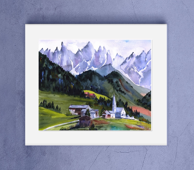 Italian Alps Watercolor Print, Santa Maddalena, St. Magdalena village and church, Italian Dolomites Wall Art, Italy Abstract Wall Decor, image 9