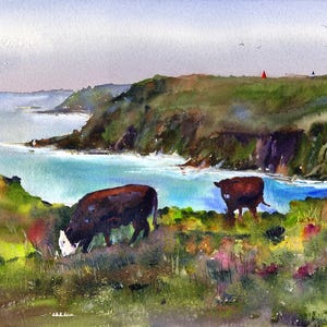 May include: Watercolor painting of a coastal landscape with two brown cows grazing in the foreground. The cows are in a field of green grass with a blue body of water and a rocky cliff in the background.