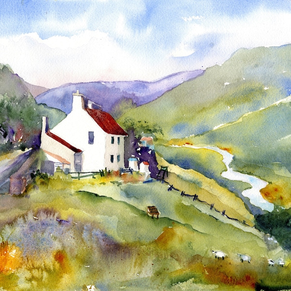 North Wales Abstract Landscape, Welsh Rustic Farmhouse, Farm in Wales, Wales Farmhouse Painting, Welsh Gifts, Wales Watercolour print