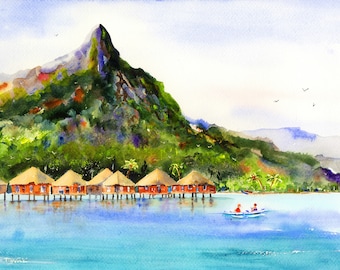 Over Water Bungalow Paintings of Bora Bora Wall Art French Polynesia Watercolor Landscape Prints 5x7 Watercolor Prints island  Wall art