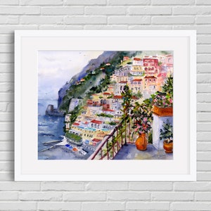 May include: Watercolor painting of a colorful Italian village on a cliffside overlooking the sea. The painting features a balcony with potted plants and a view of the ocean.
