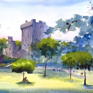 May include: A watercolor painting of a stone castle with trees and a grassy field in the foreground. The castle is a light gray color and has a tall tower. The trees are a mix of green and blue, and the field is a light green color.