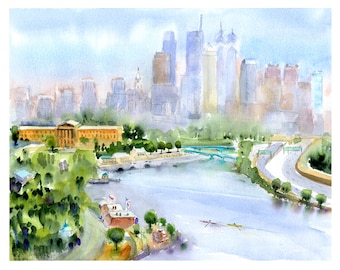 Philadelphia skyline with Waterworks, Philly Skyline Watercolor, Philadelphia Abstract Paintings, Schuylkill River watercolor, Philly Art,