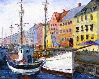 Copenhagen Watercolor, Nyhavn Denmark, New Harbor, Nautical Landscapes, Scandinavian Wall Art,  Denmark Prints, Clem DaVinci, Home Decor